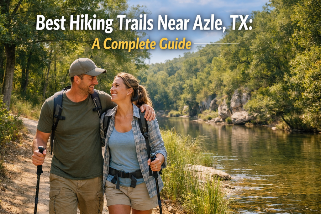 A happy couple with hiking gear and trekking poles walking along a scenic river trail near Azle, Texas