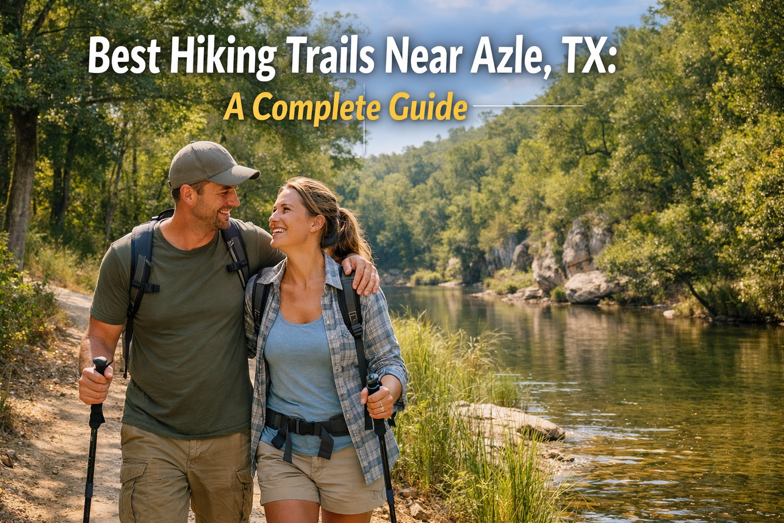 A happy couple with hiking gear and trekking poles walking along a scenic river trail near Azle, Texas
