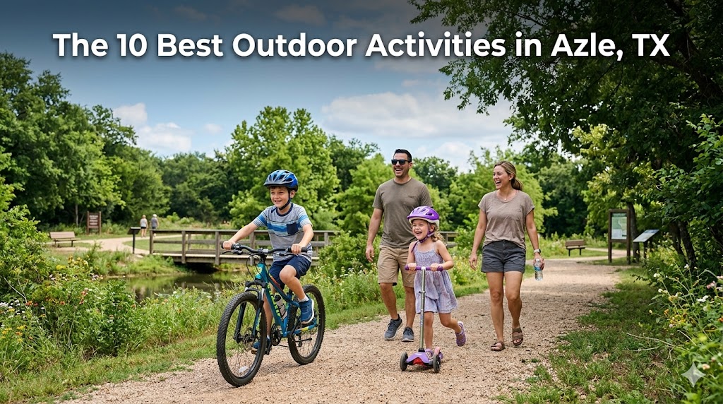 parents and kids enjoying outdoor fun on the walk and bike trails at Eagle Mountain Park, Azle, TX.