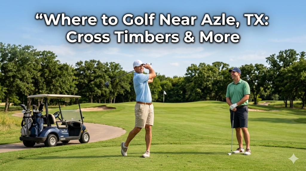 Two men enjoying a round of golf on a sunny day near Azle, Texas, with one golfer mid-swing on a vibrant green fairway while a golf cart and lush trees frame the background.
