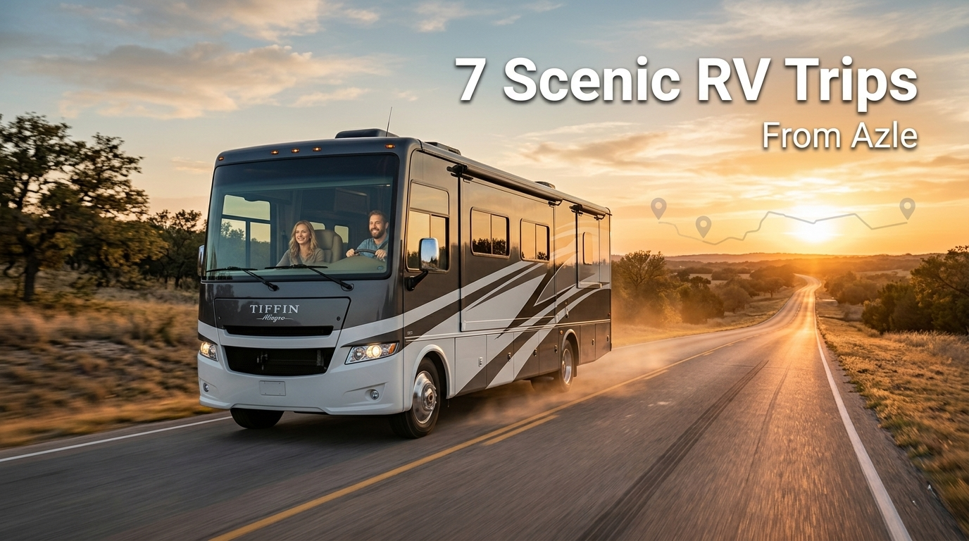 A large, modern Class A motorhome driving along a winding hillside road during a vibrant orange sunset, with text overlay reading "7 Scenic RV Trips From Azle" and a dotted line map showing travel waypoints.