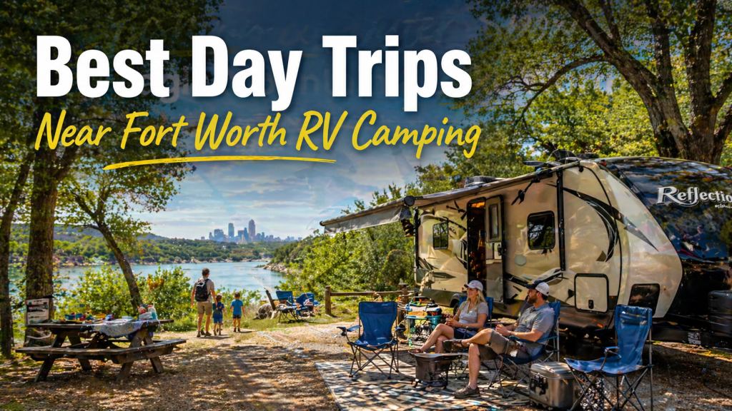 A family enjoying a campsite with a modern travel trailer parked under tall trees, with a view of a lake and a distant city skyline—text overlay reads "Best Day Trips Near Fort Worth RV Camping."