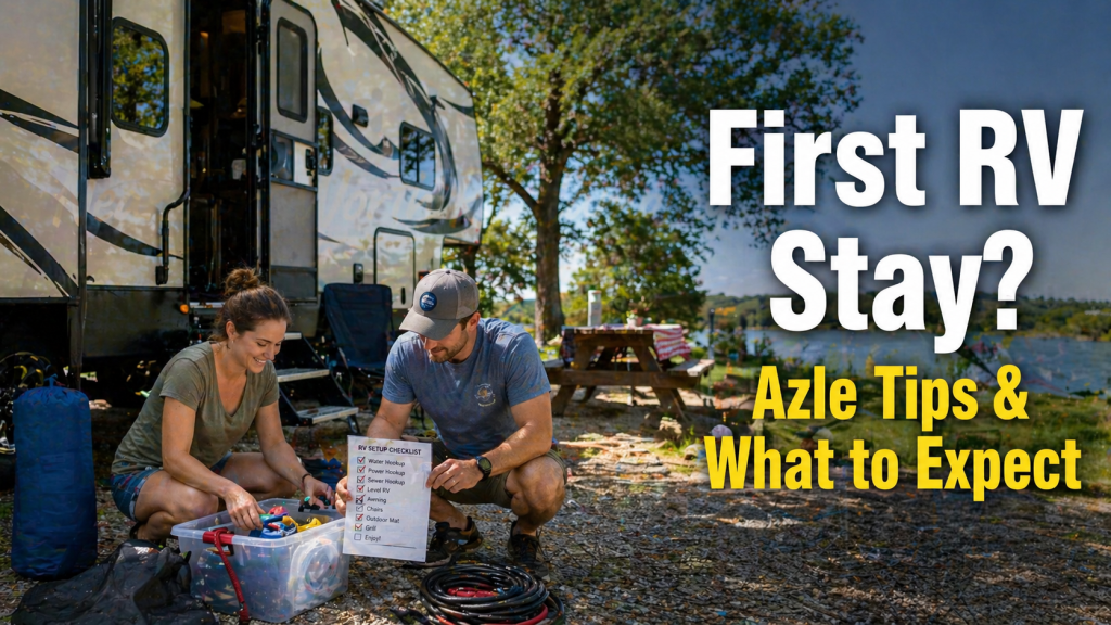 A couple at a sunny lakeside campsite in Azle reviewing an "RV Setup Checklist" next to their travel trailer, with text overlay reading "First RV Stay? Azle Tips & What to Expect."