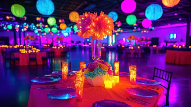 A vibrant indoor event space decorated for a neon glow party, featuring glowing floral centerpieces on a pink-clothed table and large neon-colored hanging lanterns in pink, blue, and yellow against a purple-lit background.