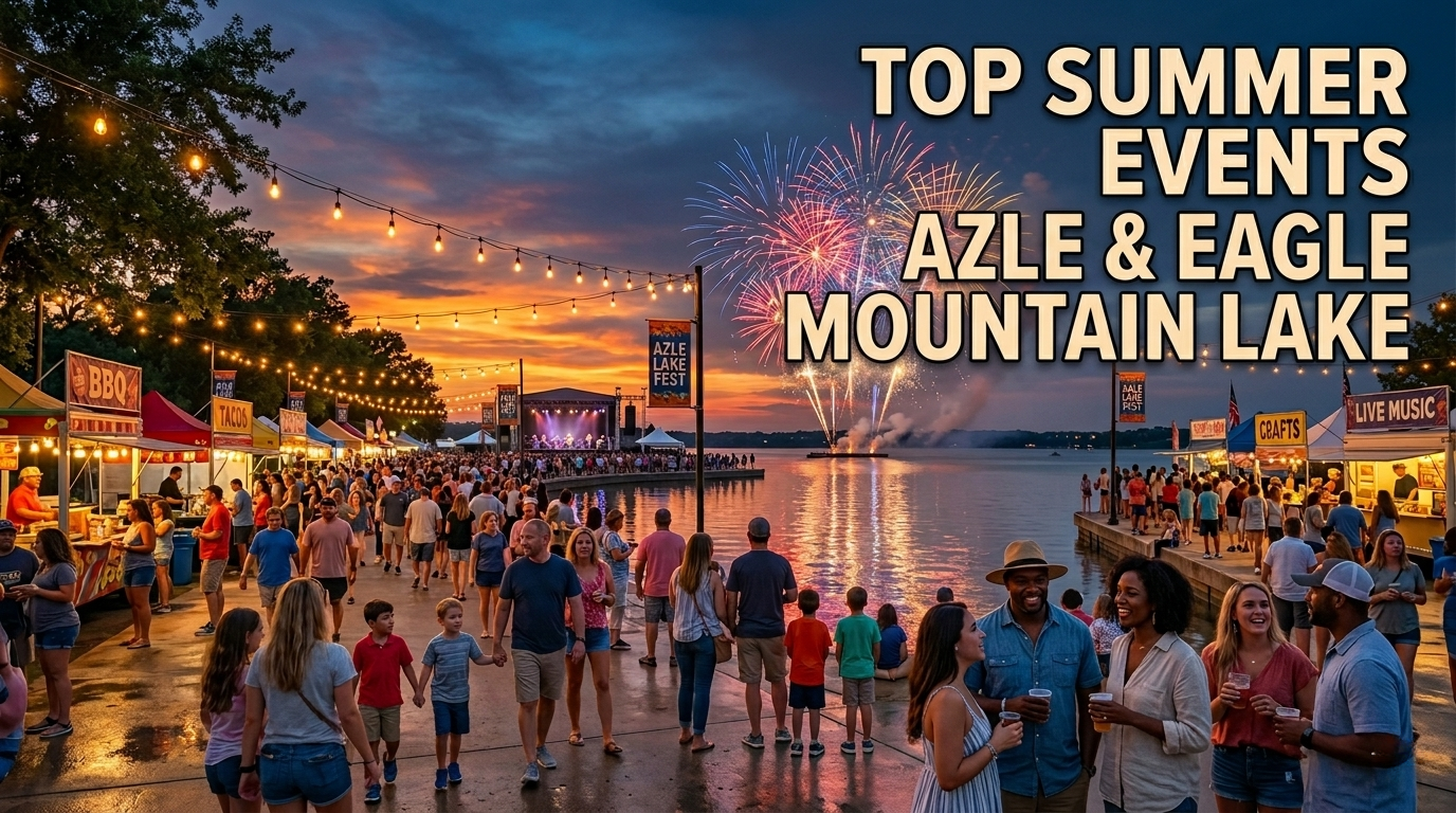 A vibrant lakeside festival at Eagle Mountain Lake during sunset, featuring a crowded boardwalk with food stalls for BBQ and tacos, live music, and fireworks reflecting over the water, with text overlay reading "Top Summer Events: Azle & Eagle Mountain Lake."