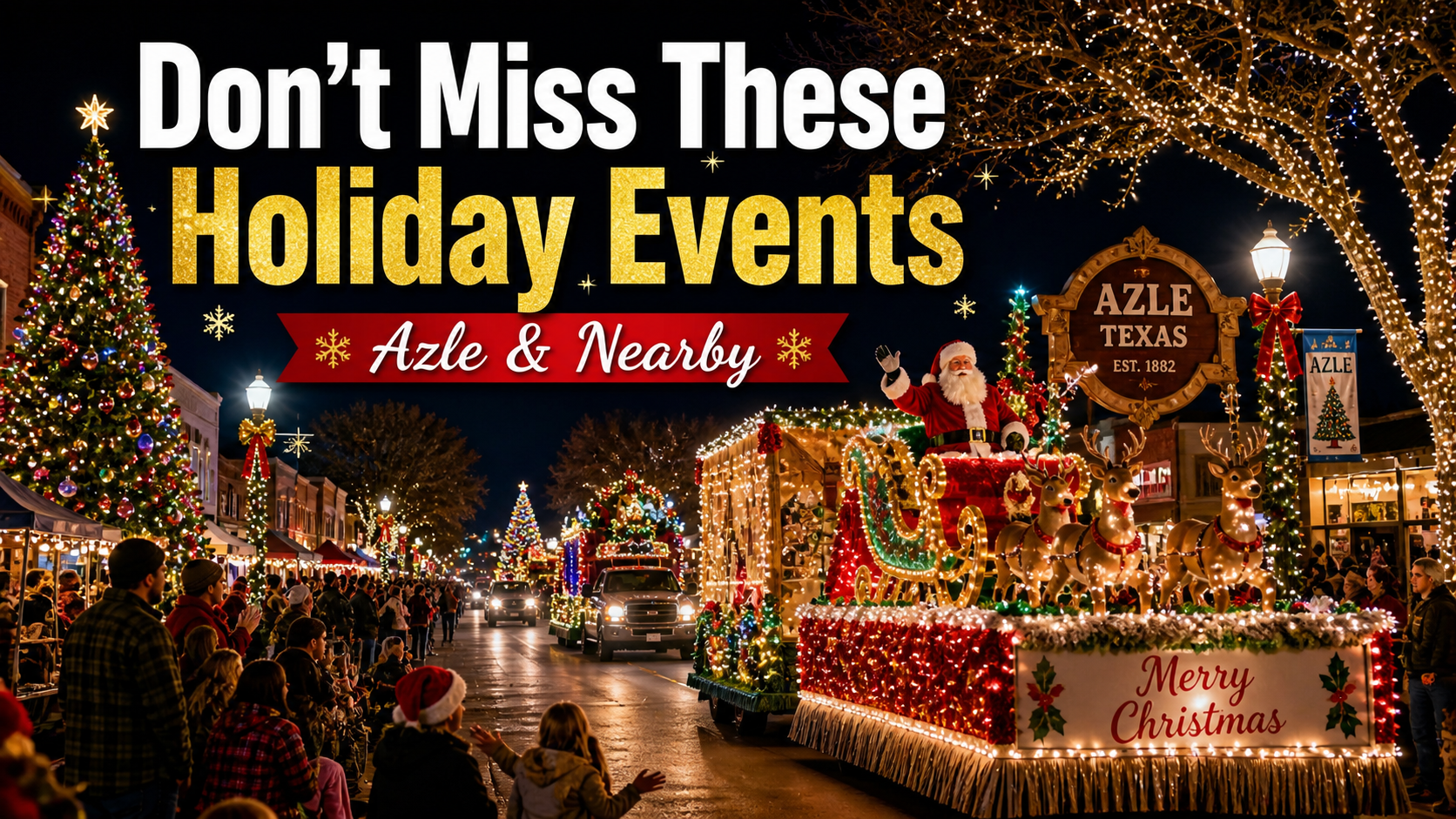 A festive nighttime scene of the Azle Christmas Parade featuring a Santa Claus float with reindeer, illuminated holiday trees, and a decorative "Azle, Texas Est. 1882" sign, with text overlay reading "Don't Miss These Holiday Events - Azle & Nearby."
